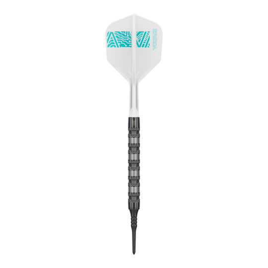 Target Rob Cross 95K Swiss Point Soft Darts - 18g Der Target Rob Cross 95K Swiss Point Softdart wiegt 18 Gramm und hat ein auffälliges, strukturiertes Barrel. Die Flight ist weiß mit türkisfarbenem Muster und der Aufschrift "VOLTAGE".