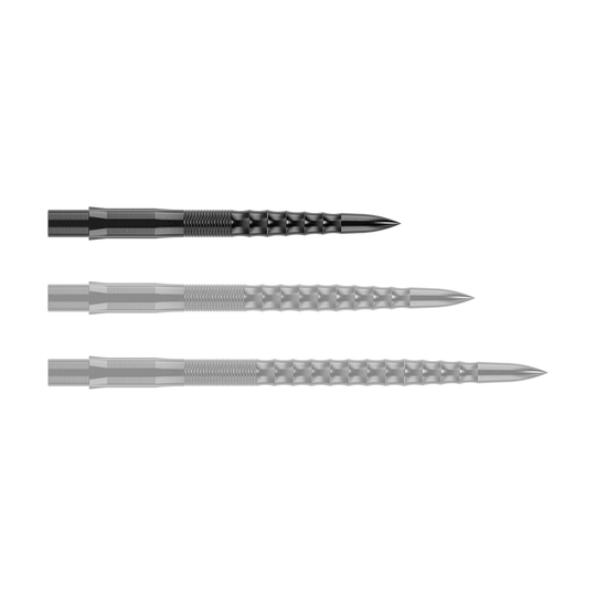 Mission Caliburn EVO Dart Tips - Ripple - Black Das Bild zeigt drei schwarze Steeldartspitzen mit einer geriffelten Oberfläche. Sie sind nebeneinander angeordnet und haben eine spitz zulaufende Form.