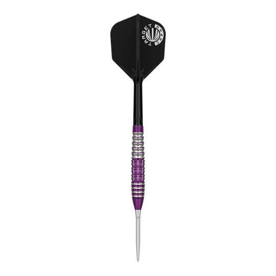 Target Japan Prime Series Tung Suk Zenith GEN1 Swiss Point Steeldarts - 23g Das Bild zeigt einen Steeldartpfeil aus der Target Japan Prime Series mit silber-lila geriffeltem Barrel und schwarzer Flight. Auf dem Flight ist ein weißes Logo mit der Aufschrift "TARGET JAPAN" zu sehen.