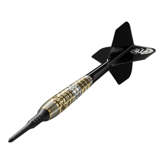 Das Bild zeigt einen Softdartpfeil namens "Target Japan Hot Shot GEN2 Softdarts - 19g". Der Dart hat ein schwarz-goldenes Design mit einer schwarzen Spitze und schwarzen Flights.