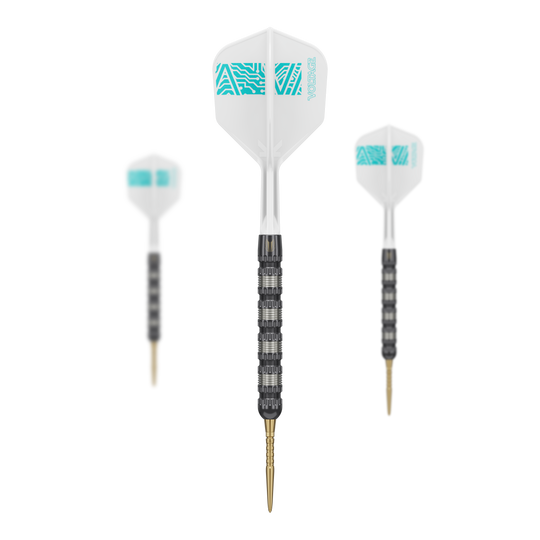 Target Rob Cross 95K Swiss Point Steel Darts Das Bild zeigt drei Target Rob Cross 95K Swiss Point Steeldarts. Die Darts haben schwarze Griffe, goldene Spitzen und weiße Flights mit türkisfarbenem Muster.