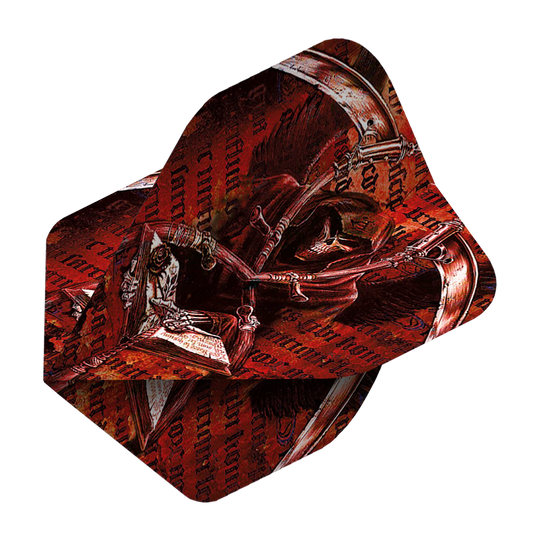 ALC3_Alchemy_Day_Of_Reckoning_Standard_Flights_2 Das Bild zeigt das Produkt "Alchemy Day Of Reckoning No2 Standard Flights". Das Design ist dunkelrot mit einem Sensenmann und gotischen Schriftzügen.