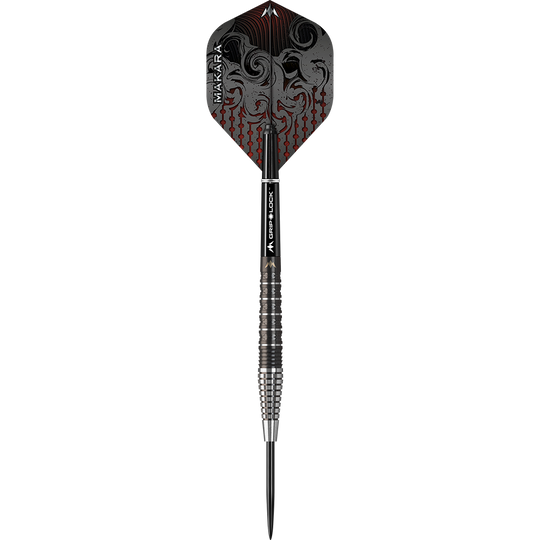 Mission Makara M2 steel darts - 23g Das Bild zeigt einen Mission Makara M2 Steeldart mit einem Gewicht von 23 Gramm. Der Dart hat ein auffälliges Design mit schwarzen und roten Verzierungen auf dem Flight.
