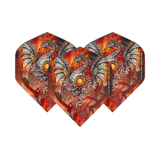 Alchemy Tech Dragon No2 Standard Flights Das Bild zeigt drei Dart-Flights mit einem mechanischen Drachenmotiv in leuchtenden Orange- und Silbertönen. Die Flights sind das Produkt "Alchemy Tech Dragon No2 Standard Flights".
