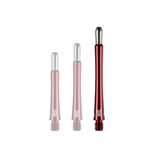 Das Bild zeigt drei rote Aluminium-Dartschäfte in unterschiedlichen Längen. Die Schäfte sind glänzend und unten mit einem Gewinde versehen.