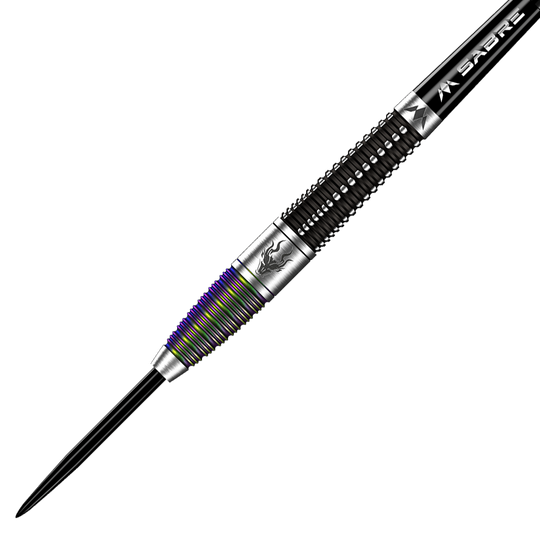 M001317_Mission_Occult_Steeldarts_2 Das Bild zeigt einen Mission Occult Steeldart mit einem Gewicht von 23 Gramm. Der Dartpfeil hat ein elegantes Design mit metallischen und farbigen Rillen.
