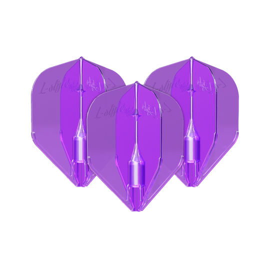 L-Style Fantom L3EZ Flights Purple Das Bild zeigt drei violette L-Style Fantom L3EZ Flights für Darts. Sie sind nebeneinander angeordnet und haben eine glänzende, transparente Oberfläche.