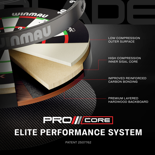 Das Bild zeigt einen weiteren Blick auf das Winmau Blade X ProCore Steeldartboard. Die Aufnahme fokussiert auf die Oberfläche und das Segment-Design.