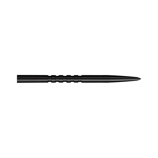 Shot Grip Point steel dart tips - Black Auf dem Bild ist eine schwarze Stahl-Dartspitze mit Rillen in der Mitte zu sehen. Sie ist lang und hat eine spitze Form.