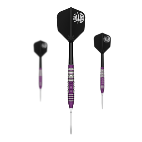 Target Japan Prime Series Tung Suk Zenith GEN1 Swiss Point Steeldarts - 23g Das Bild zeigt drei Steeldarts der Marke "Target Japan Prime Series Tung Suk Zenith GEN1 Swiss Point" mit einem Gewicht von 23g. Die Darts haben silberne und lila Akzente sowie schwarze Flights mit weißem Logo.