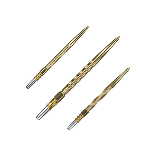 Target Swiss Point Nano Dartspitzen - Black Das Bild zeigt drei goldene Dartspitzen des Produkts "Target Swiss Point GRD Gold Dartspitzen". Die Spitzen sind fein gearbeitet und haben einen metallischen Glanz.
