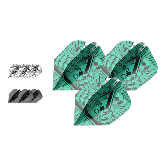 Target Ink Bundle 3 Sets Rob Cross Ten-X Flights Das Bild zeigt das Produkt „Target Ink Bundle 3 Sets Rob Cross Ten-X Flights“. Es sind drei verschiedene Dart-Flights mit auffälligen Mustern zu sehen, darunter ein grünes Design mit Totenkopf.