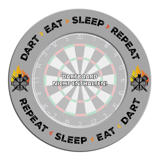 McDart Dartboard Surround - Dart Eat Sleep Repeat Grau gefärbtes Dartboard-Surround mit dem Text 'Dart Eat Sleep Repeat'. Das Bild präsentiert eine Detailansicht des Produkts.