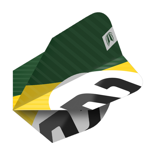 Das Bild zeigt das Produkt "Target Pro Ultra Chicane Green Ten-X Flights - 3 Sets". Die Flights sind überwiegend grün mit gelben und weißen Akzenten sowie einem markanten schwarzen Aufdruck.