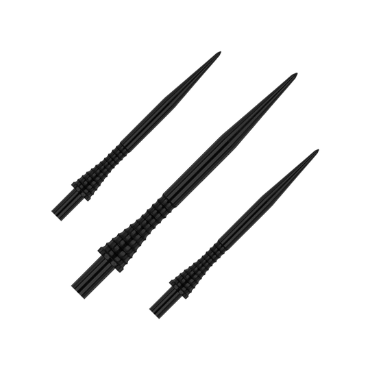 Red Dragon Raptor Gripped Black steel dart tips 38mm Das Bild zeigt drei schwarze Steeldartspitzen des Produkts „Red Dragon Raptor Gripped“ in 38 mm Länge. Die Spitzen haben ein geriffeltes Griffstück für besseren Halt.