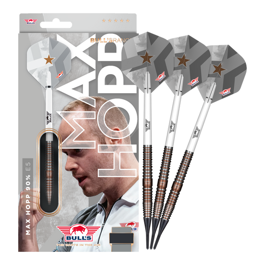 Bulls NL Max Hopp E5 soft darts - 20g Zu sehen ist das Set Bulls NL Max Hopp E5 Softdarts im Gewicht 20g. Die Darts sind ideal für Softdart-Enthusiasten geeignet.