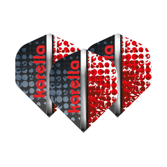 8032-12_Karella_XT-5_No2_Standard_Flights_1RyyNznHgW0ohR Auf dem Bild sind Karella XT-5 No2 Standard Flights zu sehen. Die Flights haben ein modernes Design mit roten und grauen Punktmustern sowie dem Schriftzug "karella" auf der Vorderseite.