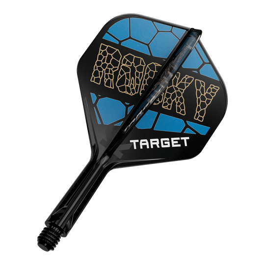 Target K-Flex Josh Rock No2 Standard Flight Shaft System Auf dem Bild ist ein Dart-Flight-System mit der Aufschrift „ROCKY“ in gelber Schrift zu sehen. Das Design ist schwarz und blau und darunter steht das Wort „TARGET“.