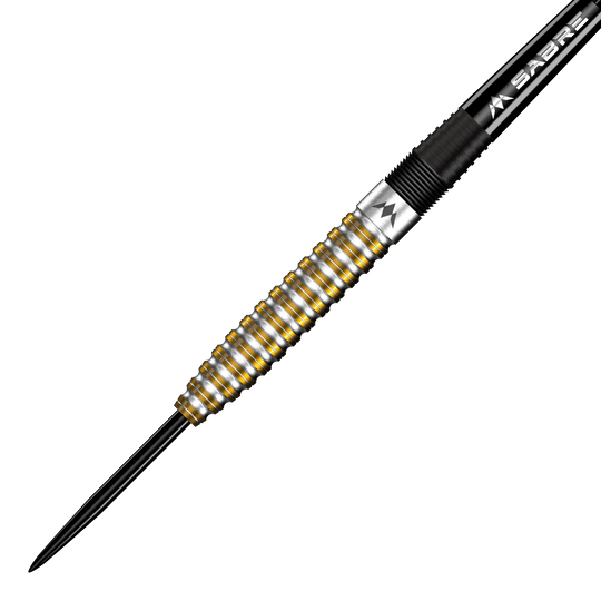 Mission Oskar Lukasiak Black Gold PVD Steeldarts - 22g Das Bild zeigt einen Steeldart mit silbernen und goldenen Rillen auf dem Barrel. Es handelt sich um den "Mission Oskar Lukasiak Black Gold PVD Steeldart - 22g".