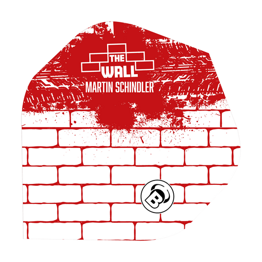 Bulls Metrixx Martin Schindler White Red No2 Standard Flights Das Bild zeigt ein Dart-Flight mit einem weißen Ziegelmuster und roten Farbspritzern. Oben steht „THE WALL MARTIN SCHINDLER“ und unten ist ein „B“-Logo abgebildet.