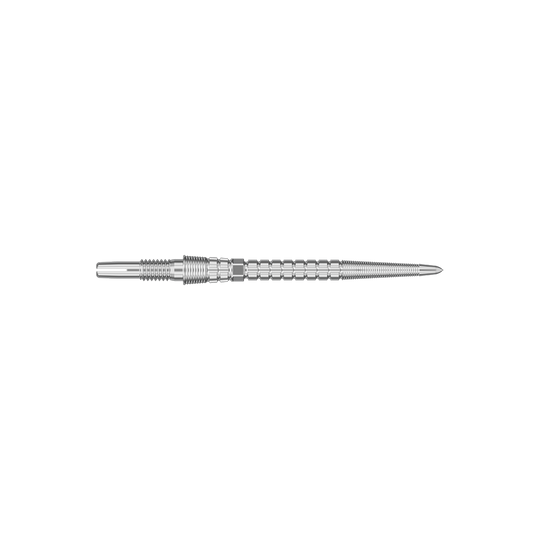 Target Chrono Swiss Storm Point Dart Tips - Silver Zwei silberfarbene Dartspitzen werden angezeigt. Die Spitzen sind parallel und nebeneinander ausgerichtet.