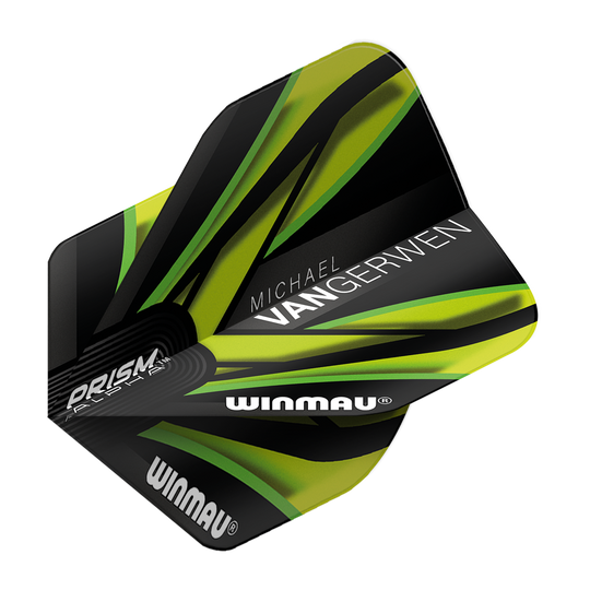 Das Bild zeigt einen Dart-Flügel der Marke Winmau in Schwarz und Grün mit den Worten "PRISM", "WINMAU" und "MICHAEL VAN GERWEN" darauf. Das Design ist modern und auffällig mit grünen und gelben Akzenten.