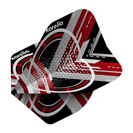 8032-10_Karella_XT-3_No2_Standard_Flights_2 Das Bild zeigt die Karella XT-3 No2 Standard Flights mit einem modernen, grafischen Design in Rot, Schwarz, Weiß und Grau. Der Schriftzug „Karella“ ist auf den Flights deutlich sichtbar.