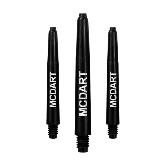 Auf dem Bild sind drei schwarze Dartschäfte aus Nylon zu sehen. Auf jedem Schaft steht in weißer Schrift das Wort "MCDART".