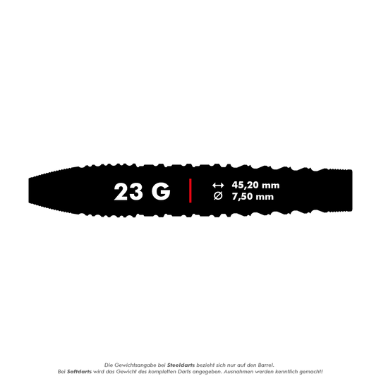 Target Japan Prime Series Tung Suk Zenith GEN1 Swiss Point Steeldarts - 23g Das Bild zeigt die Maße und das Gewicht des Produkts "Target Japan Prime Series Tung Suk Zenith GEN1 Swiss Point Steeldarts - 23g". Der Dart wiegt 23 Gramm, ist 45,20 mm lang und hat einen Durchmesser von 7,50 mm.