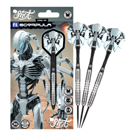 Shot AI Scorpula Steeldarts Zu sehen sind die Shot AI Scorpula Steeldarts in ihrer gesamten Länge. Das Produkt ist hochwertig verarbeitet.