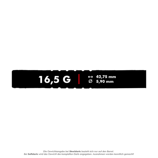 McDart 85 Tungsten V19 soft darts - 16.5g Das Bild zeigt die technischen Daten des Produkts "McDart 85er Tungsten V19 Softdarts - 16,5g". Der Dart wiegt 16,5 Gramm, ist 42,75 mm lang und hat einen Durchmesser von 5,90 mm.