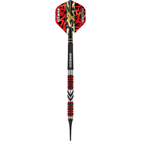 RD2569_Red_Dragon_Gerwyn_Price_Firebird_Softdarts_1ZUxYedrcixk60 Das Bild zeigt einen Red Dragon Gerwyn Price Firebird Softdart mit einem Gewicht von 20g. Der Dart hat ein auffälliges Design mit roten, schwarzen und goldenen Elementen.