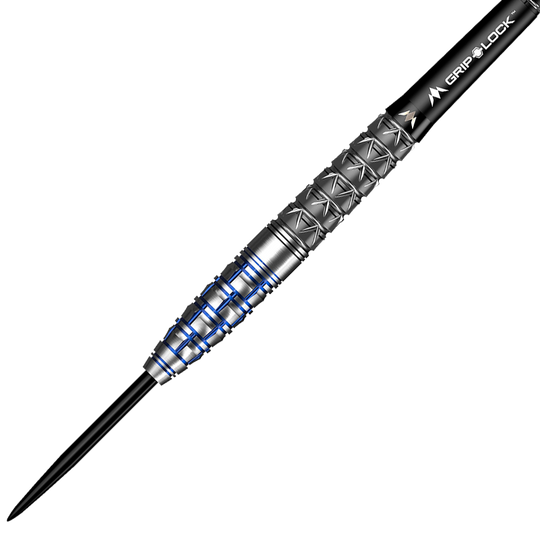 M001069_Mission_Xiaochen_Zong_Pandaman_Steeldarts_2 Das Bild zeigt einen Mission Xiaochen Zong Pandaman Steeldart mit einem Gewicht von 22g. Der Dartpfeil hat eine silberne Metalloberfläche mit blauen Akzenten und einem schwarzen Schaft.