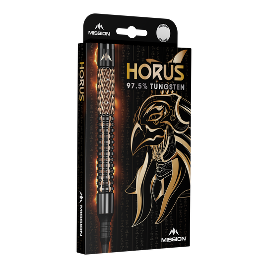 Mission Horus Softdarts - 19g Die Abbildung zeigt die Verpackung der "Mission Horus Softdarts - 19g". Auf der Vorderseite sind der Dartpfeil, der Produktname und ein goldener Horus-Kopf abgebildet.