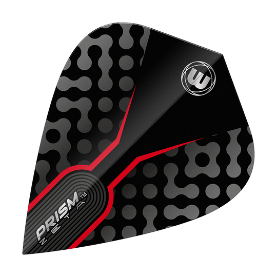 Das Bild zeigt ein Winmau Zeta Black Red Kite Flight für Darts. Das Flight ist schwarz mit grauen Punkten und auffälligen roten Akzenten gestaltet.