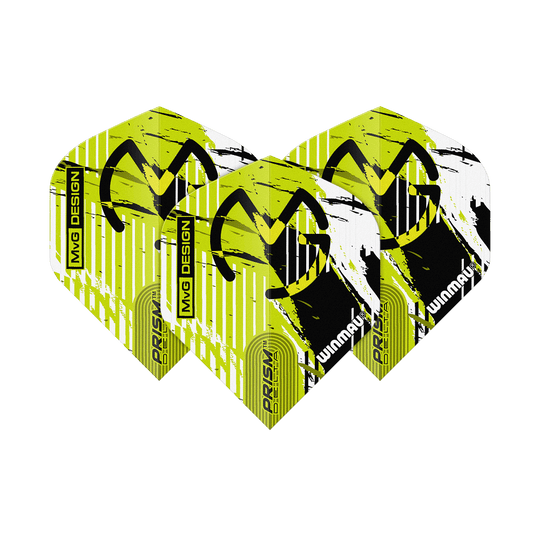 Winmau Delta Michael Van Gerwen Prism 03 Standard Flights Das Bild zeigt drei Dartflights des Modells "Winmau Delta Michael Van Gerwen Prism 03 Standard". Die Flights sind gelb-schwarz-weiß gestaltet und tragen das MVG-Logo sowie die Aufschrift "PRISM DELTA" und "WINMAU".