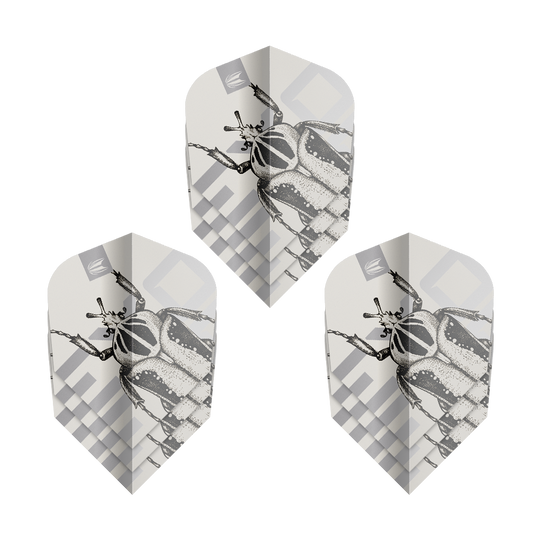 Target Pro Ultra Exo 2.0 Ten-X Flights - 3 sets Das Bild zeigt drei Sätze der Target Pro Ultra Exo 2.0 Ten-X Flights. Auf den Flights ist ein detailreiches Käfermotiv in Schwarz-Weiß abgebildet.