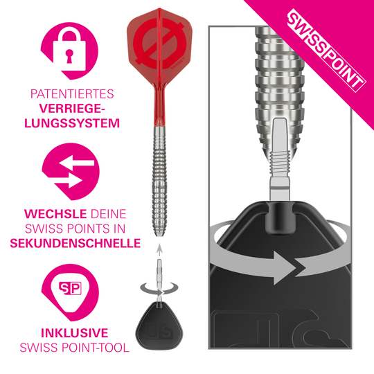 Target Group O 01 Swiss Points Steeldarts Hier sieht man die Target Group O 01 Swiss Points Steeldarts. Die Darts liegen auf einer ebenen Fläche.