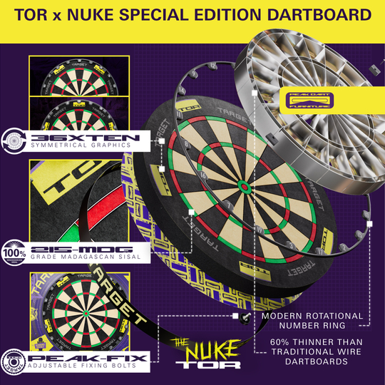 Target Luke Littler World Champion 2025 Surround Goal Steel Dartboard Bundle Das Bild zeigt das "Target Luke Littler World Champion 2025 Surround Tor Steeldartboard Bundle" mit verschiedenen Besonderheiten. Es hebt eine moderne, rotierende Zahlenring-Technologie und besonders dünne Drahtsegmente hervor.