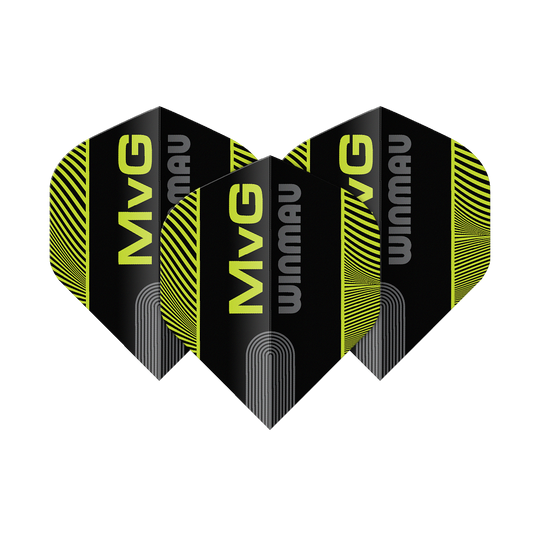 Winmau Prism Delta MvG Black Green Text No2 Standard Flights Das Bild zeigt die Winmau Prism Delta MvG Black Green Text No2 Standard Flights. Es handelt sich um Dart-Flights in Schwarz und Grün mit Text-Design.