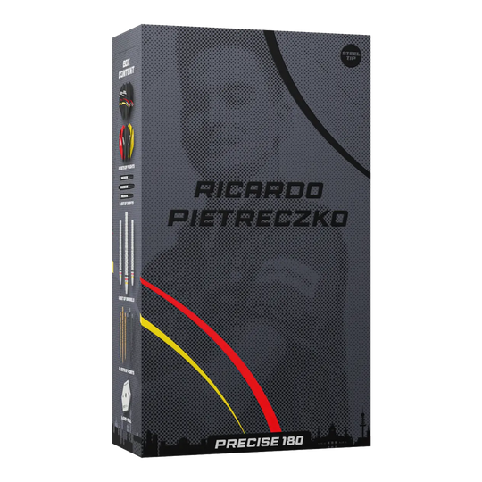 Precise 180 Ricardo Pietreczko GEN1 Steeldarts zeigen das Design dieser hochwertigen Dartpfeile. Diese Darts sind ideal für Wettkampfspieler.