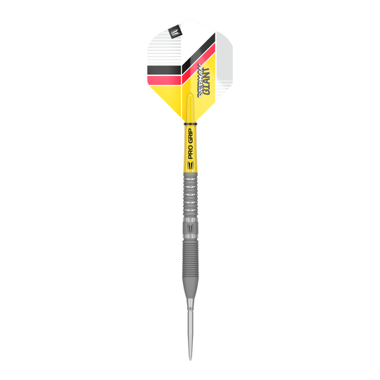 Target Gabriel Clemens GEN2 Swiss Point steel darts Das Bild zeigt einen Target Gabriel Clemens GEN2 Swiss Point Steeldart. Der Dart hat eine silberne Spitze und Schaft sowie gelbe, schwarze und rote Akzente auf dem Flight.