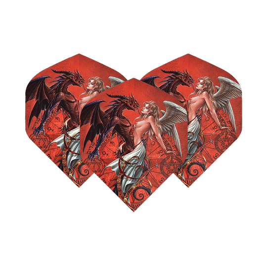 Das Bild zeigt drei Dartflights mit einem roten Hintergrund und einem fantasievollen Motiv. Auf den Flights sind ein weiblicher Engel und ein Drache abgebildet, die sich gegenüberstehen.