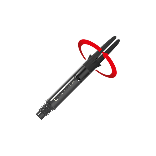 Auf dem Bild ist ein schwarzer Dartshaft aus Carbon der Marke L-Style zu sehen. Am oberen Ende ist eine rote Pfeilmarkierung, die eine Drehbewegung anzeigt.
