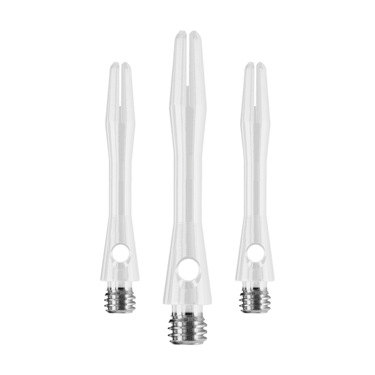 Das Bild zeigt drei weiße Harrows Keramic Shafts für Darts. Sie haben einen glänzenden Metallgewinde am unteren Ende.