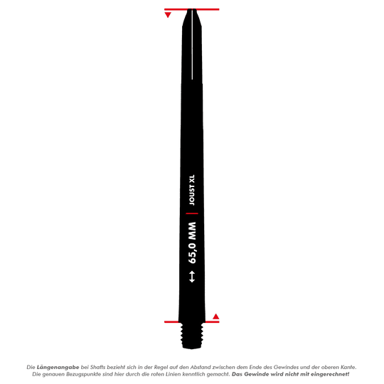 C816_Red_Dragon_Joust_XL_Shafts_5_65mm Das Bild zeigt den Red Dragon Joust XL Shaft in Schwarz mit einer Länge von 65 mm. Die Längenangabe bezieht sich auf den Abstand zwischen dem Ende des Gewindes und der oberen Kante, das Gewinde wird nicht mit eingerechnet.