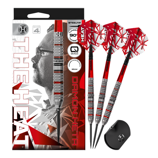 Hier wird das Set Harrows Damon Heta Series 4 Quick Point Steeldarts präsentiert. Das Produkt besticht durch Präzision und robuste Verarbeitung.
