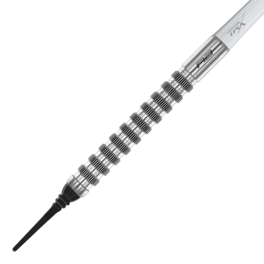 Red Dragon Javelin Speedline Soft Darts - 20g Das Bild zeigt einen Red Dragon Javelin Speedline Softdart mit einem Gewicht von 20g. Der Dart hat ein silbernes, geriffeltes Barrel und eine schwarze Softspitze.