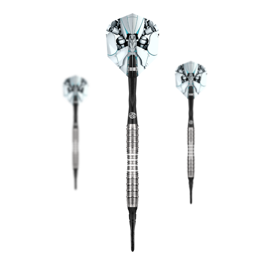 Das Bild zeigt ein komplettes Set der Shot AI Scorpula Softdarts - 20g. Es handelt sich um ein Set für Softdart-Spieler.
