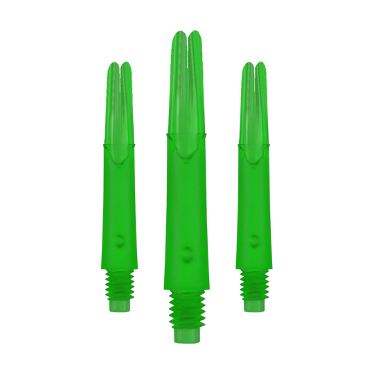 L-L-Style-Shafts Locked Straight - Green L-Style L-Shafts Locked Straight, spezielle Farbe, längeres Set. Das Foto zeigt drei lange Dart-Schäfte aufgereiht.
